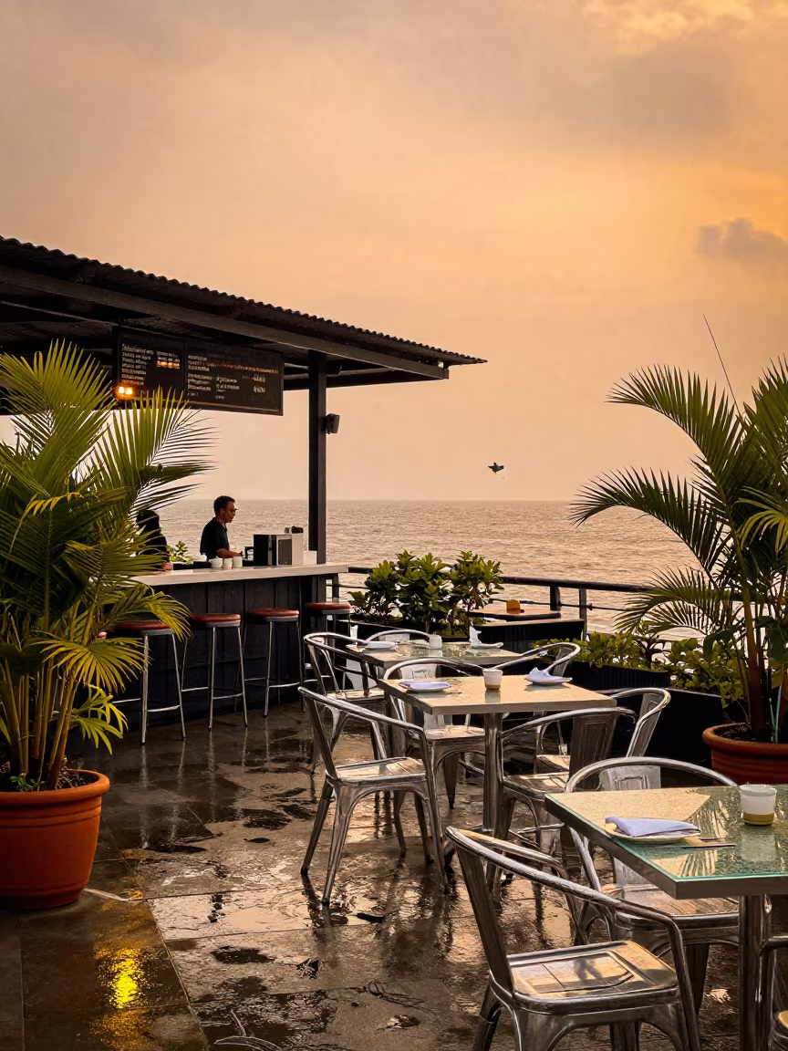 Jakarta Resort Terrace Napkins in Golden Light in beside a valet stand after rain in Jakarta