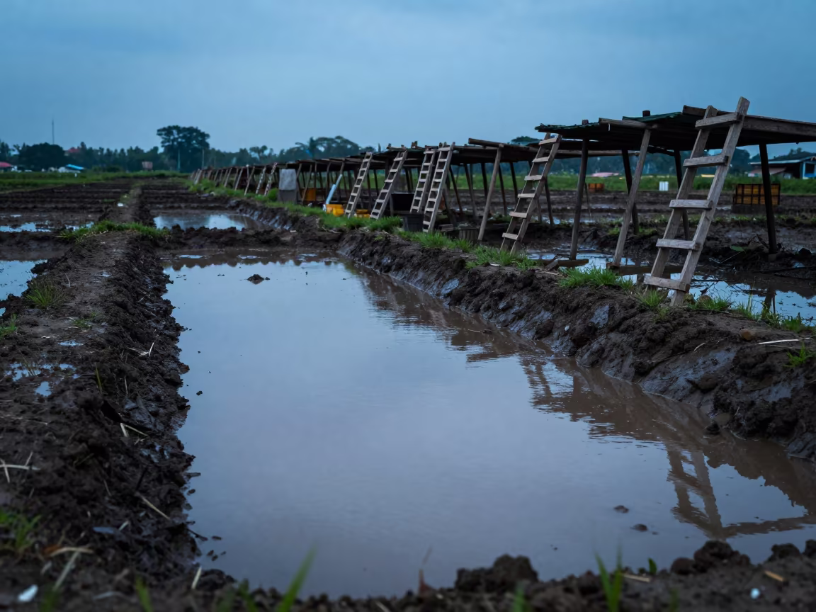 Jakarta Rice Paddy Canals Reflecting Blue Hour Sky in among orchard ladders and crates near Jakarta