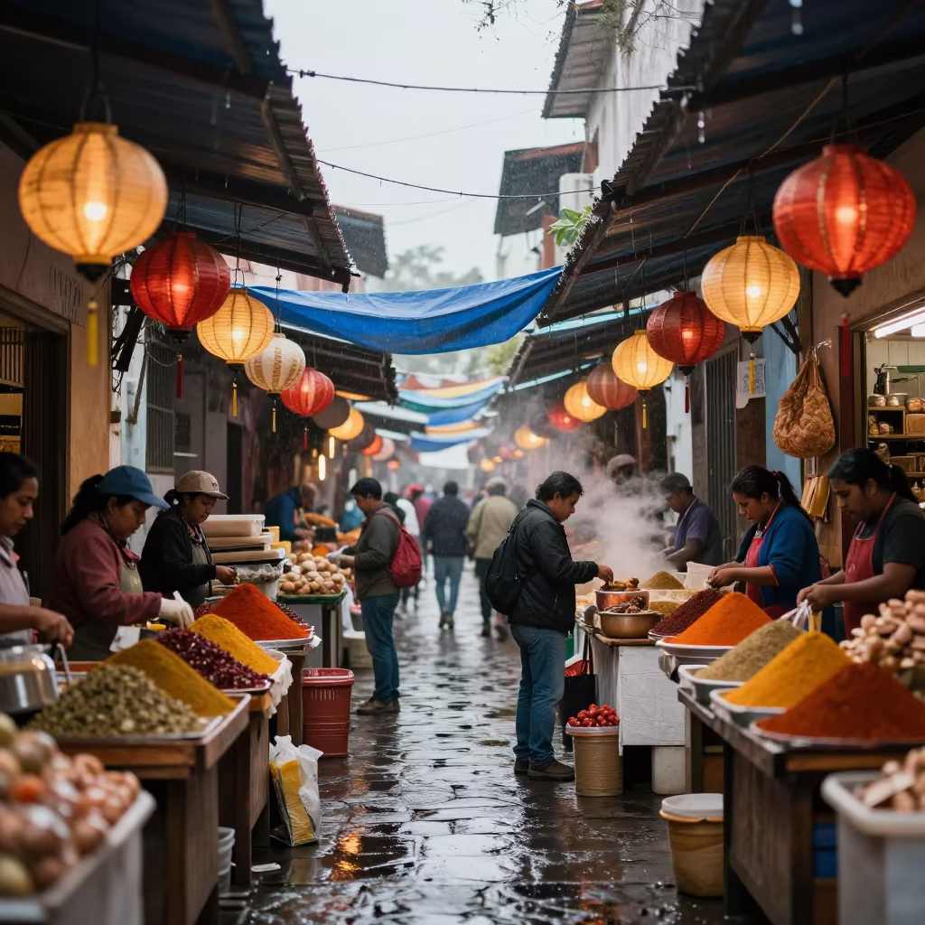 Jalapa Market Alley Lanterns Rainy Season Afternoon in in a flea market lane in Jalapa