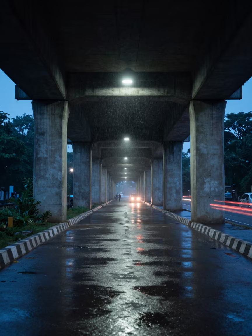 Jalgaon Underpass Headlight Reflections in Rain in beneath a flickering underpass light in Jalgaon