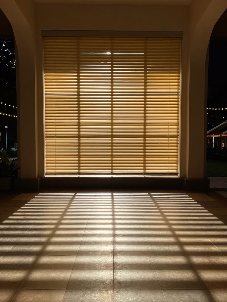 Jalousie Light Shadows on Tiled Floor in inside a vaulted atrium near San Juan