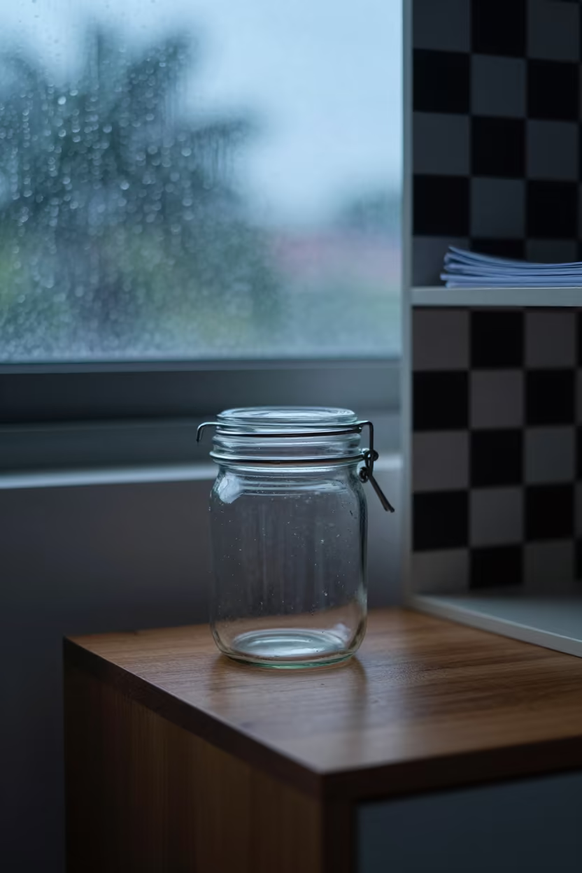 Jam Jar on Nightstand in Kota Kinabalu Rain in on a bedside table in Kota Kinabalu