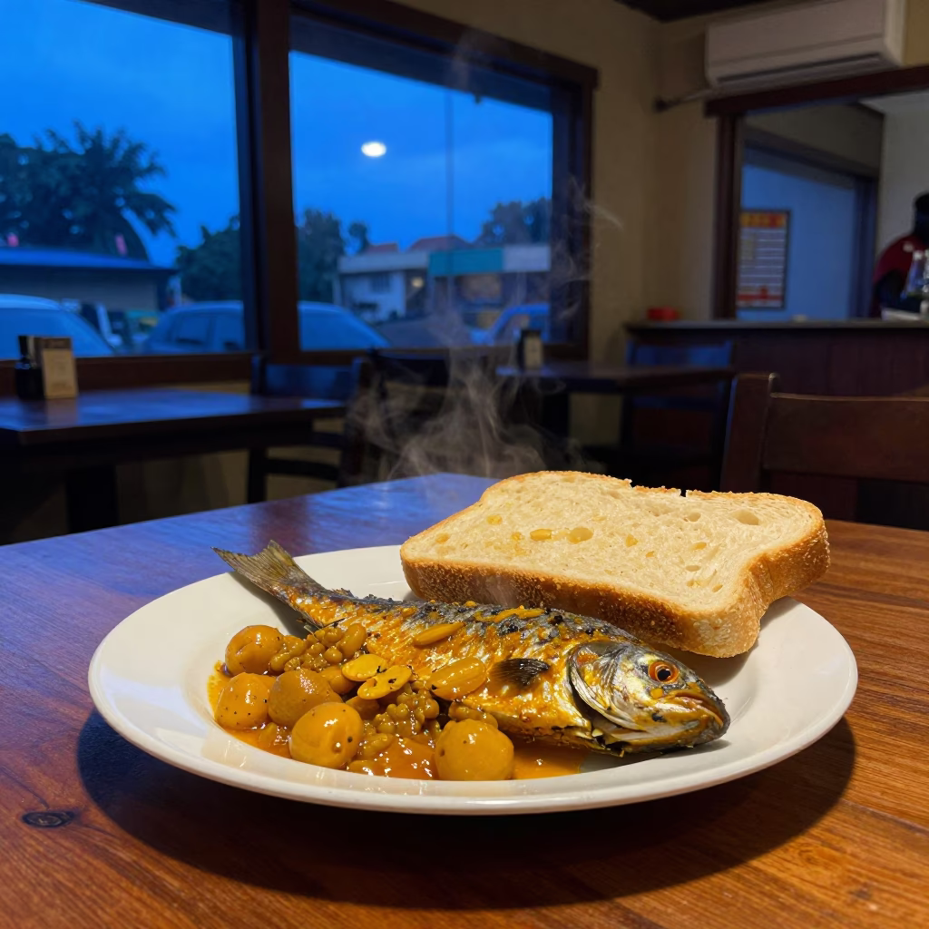 Jamaican Ackee Saltfish and Bammy in Lusaka Cafe in on a cafe table by a window in Lusaka