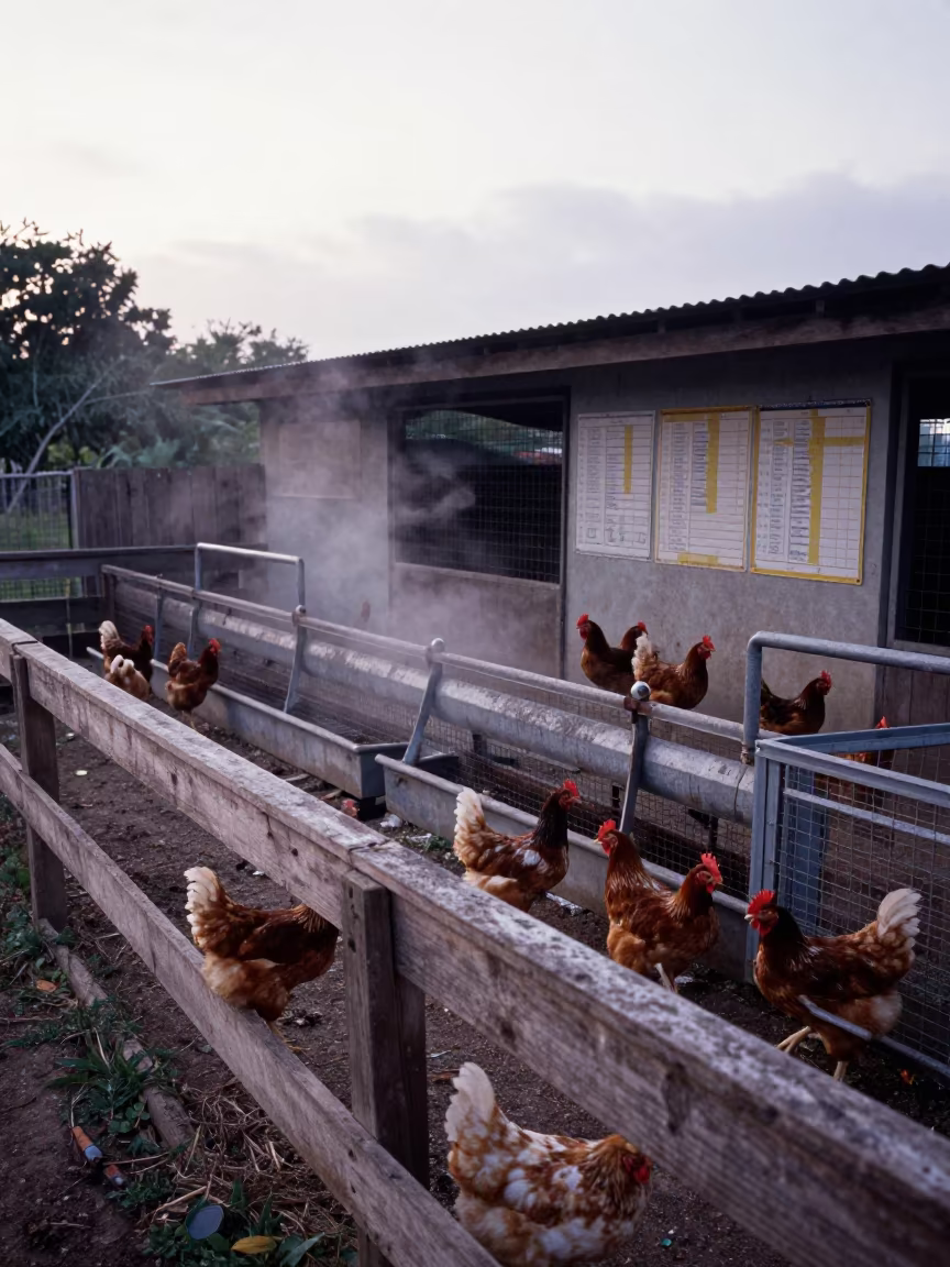 Jamaican Broiler Chickens at Dawn in near a windbreak and water trough in Jamaica