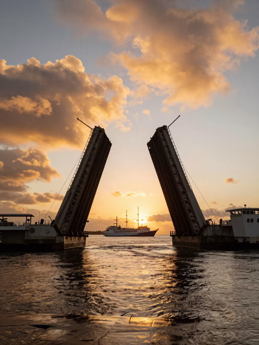 Jamaican Drawbridge Raising for Tall Ship at Sunset in beside a bridge pier above moving water in Jamaica