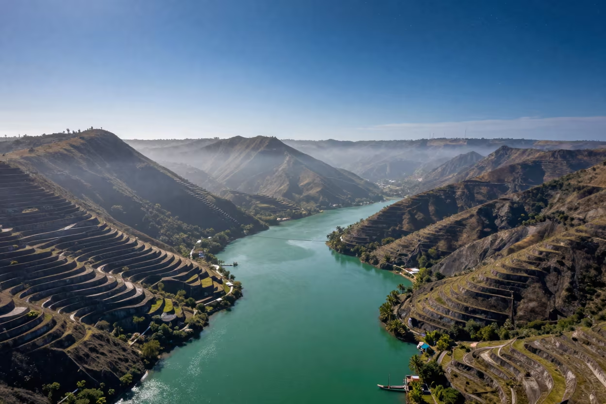 Jamaican Fjord Aerial View Day Night Sky in far above terraced hillsides in Jamaica