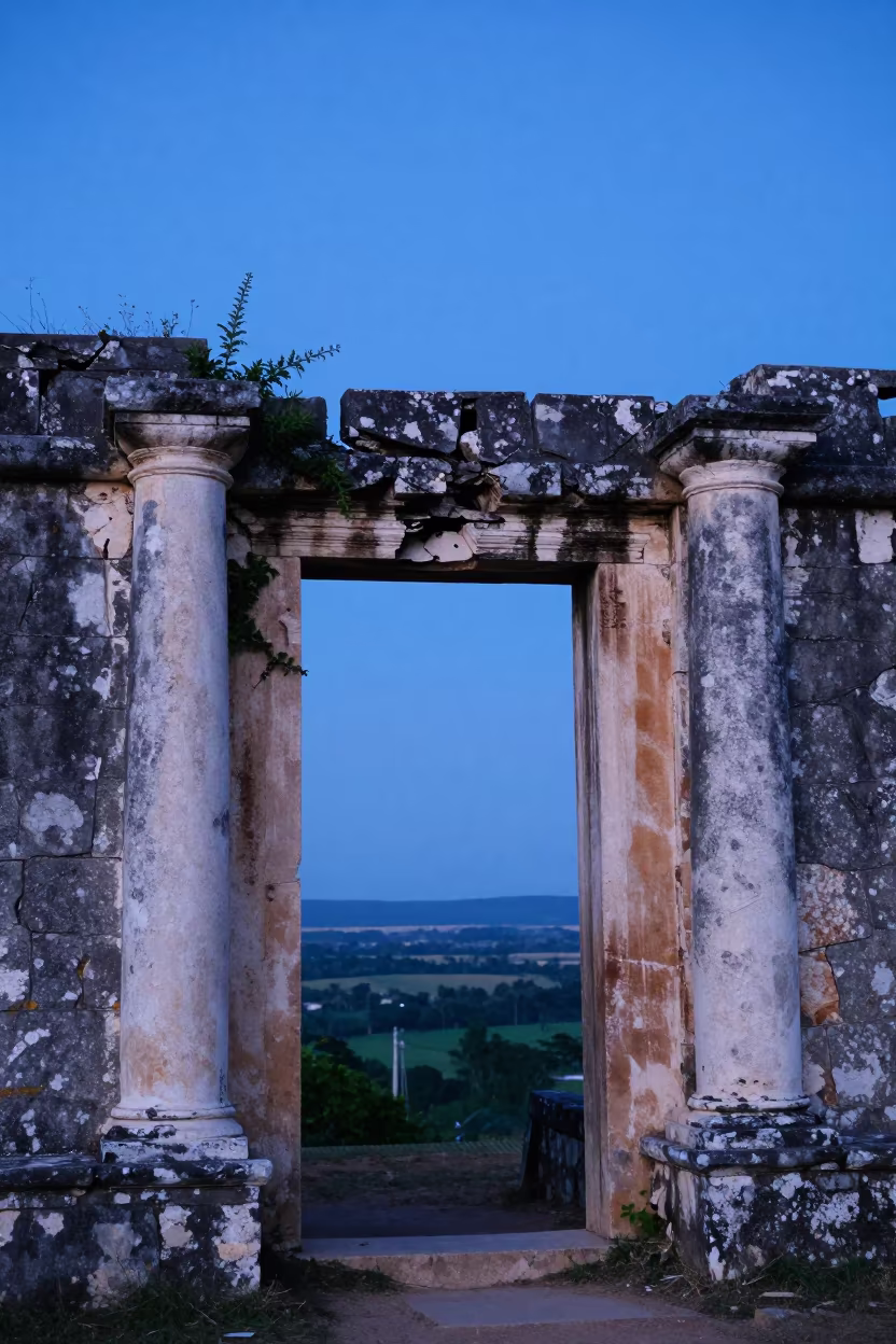 Jamaican Fort Ruin Over Green Valley at Twilight in among toppled columns and nettles in Jamaica