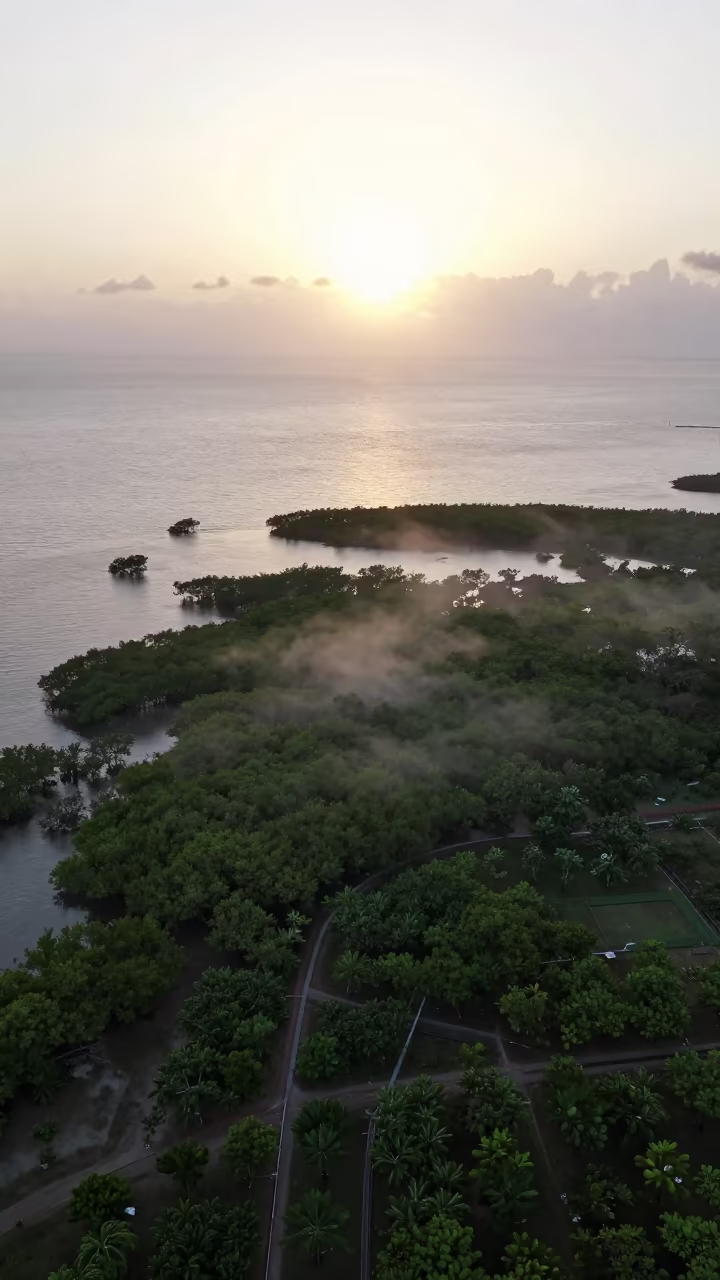Jamaican Mangrove Coastline Aerial Backlit Silhouette in far above orchard blocks and irrigation lines in Jamaica