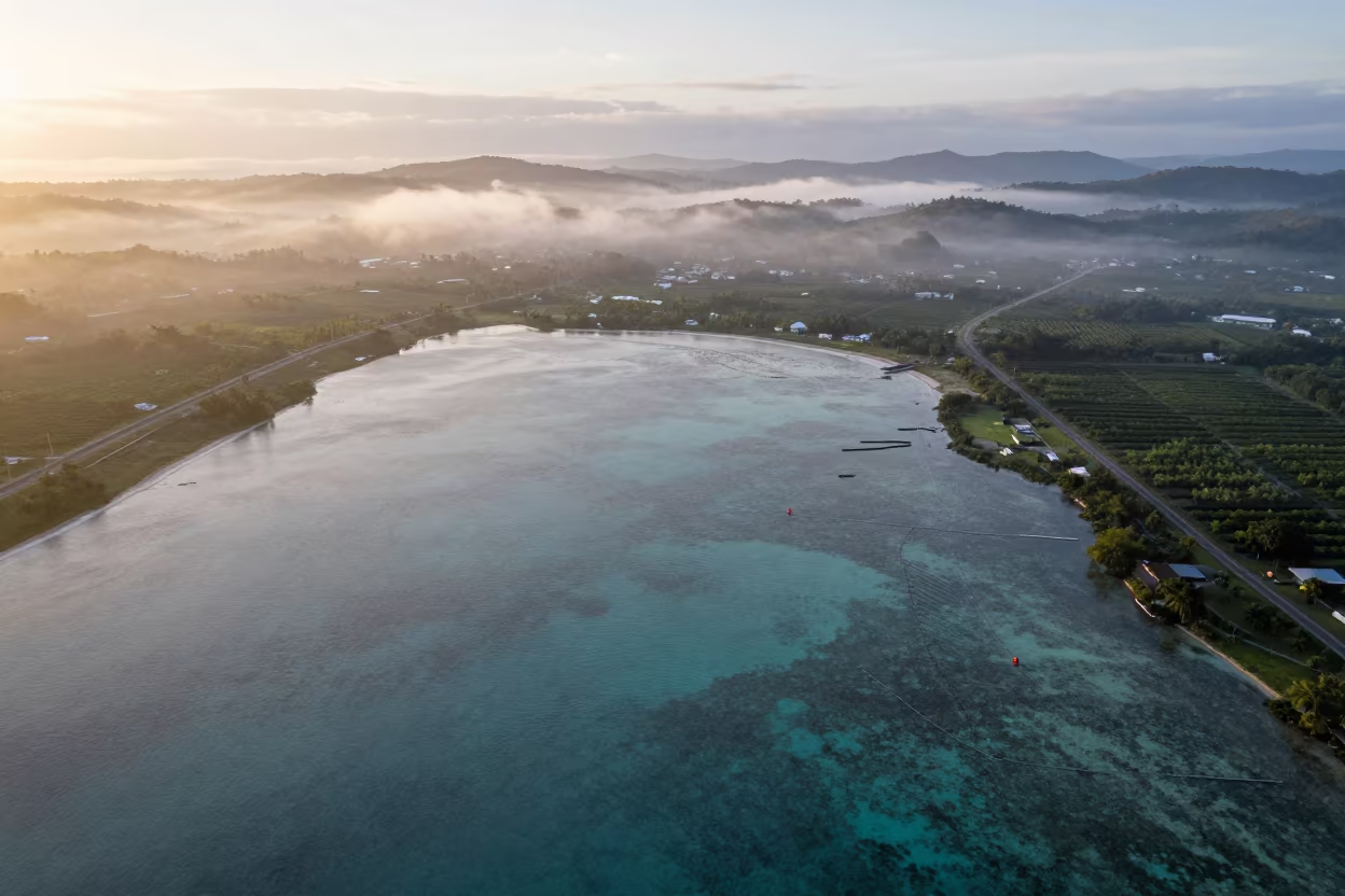 Jamaican Reef Shallows at First Light in far above orchard blocks and irrigation lines in Jamaica