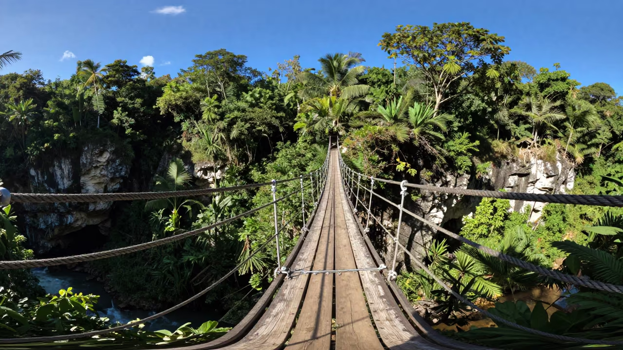 Jamaican Rope Bridge Over Jungle River Gorge in in Jamaica