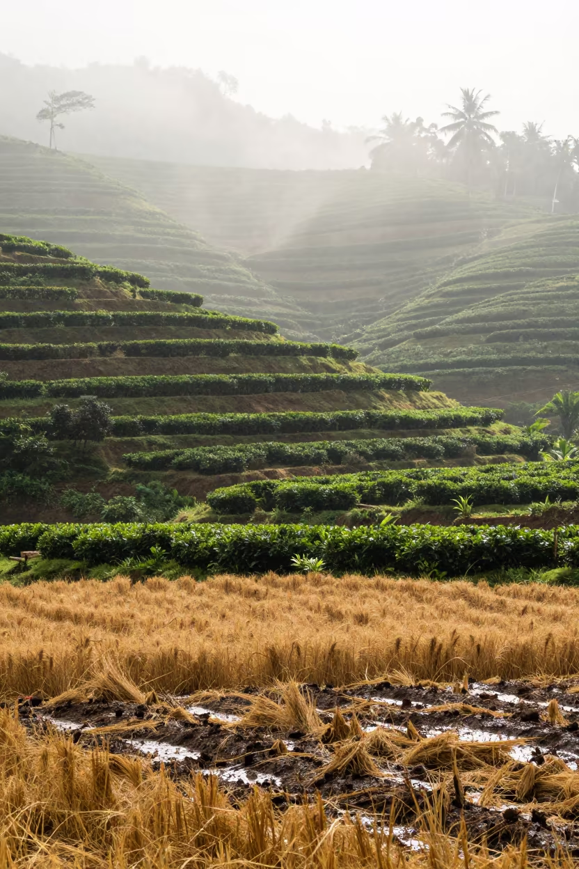 Jamaican Tea Plantation Mist Over Harvested Fields in across a harvested grain field in Jamaica
