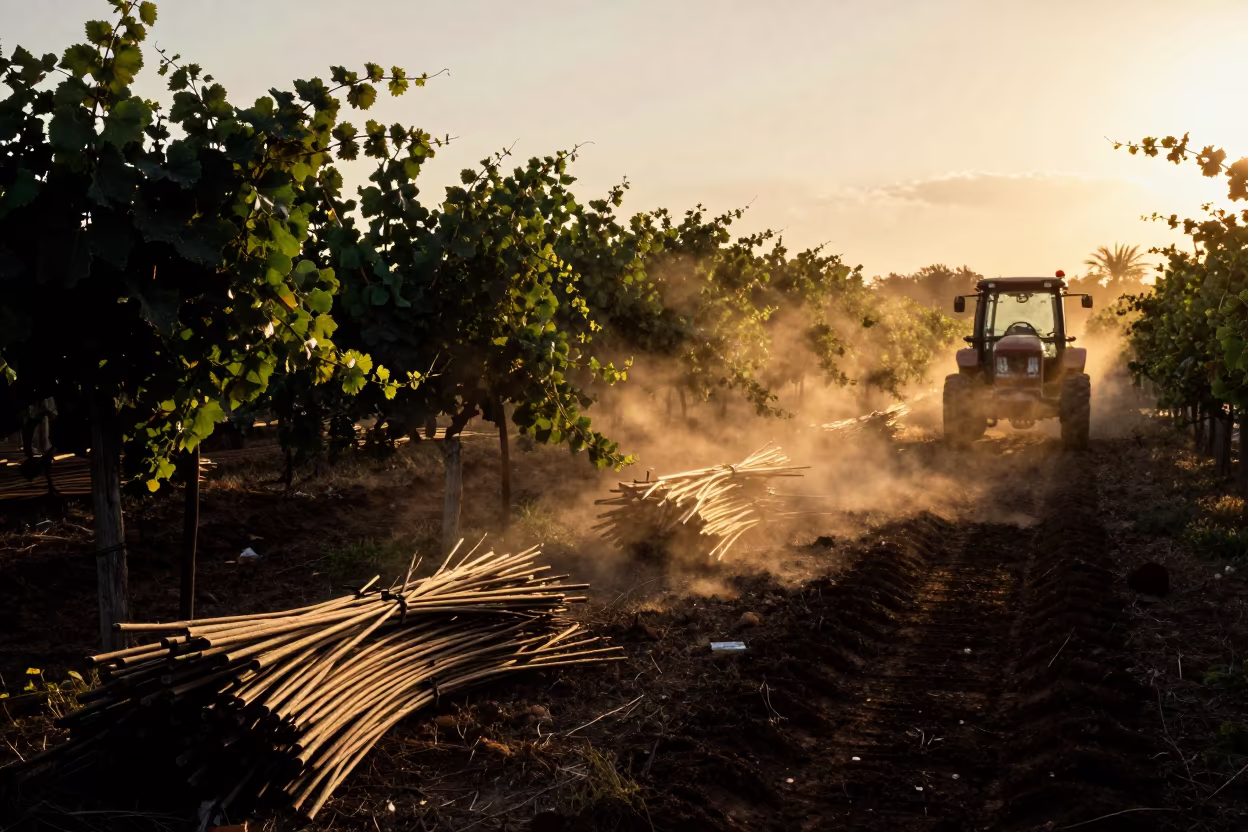 Jamaican Vineyard at Sunset With Pruning Canes in beside a tractor track through dark soil in Jamaica