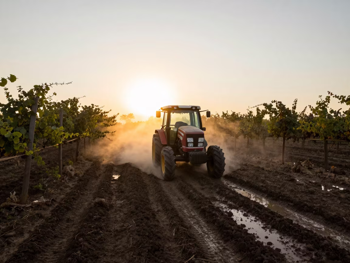 Jamaican Vineyard Tractor Dust in Golden Hour in beside a tractor track through dark soil in Jamaica