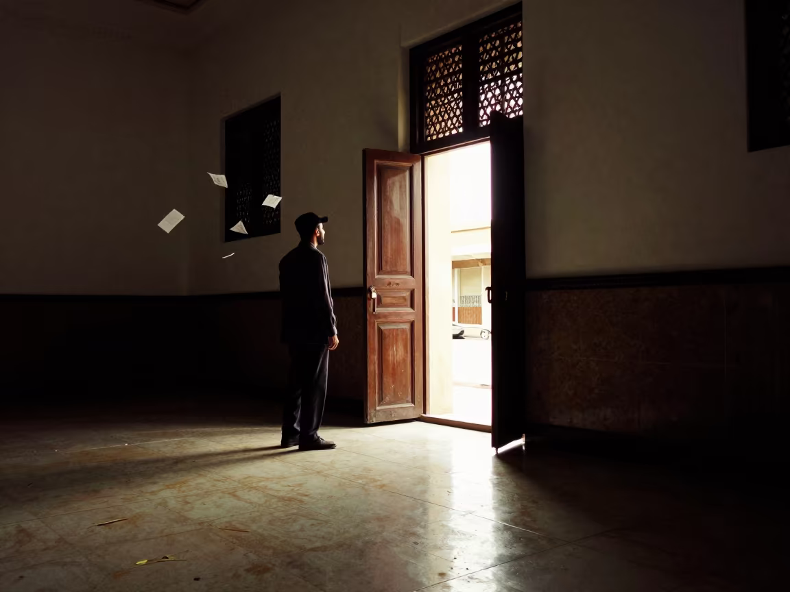 Janitor Buffing Waxed Tiles Before Oath Ceremony in inside a council chamber near Sana'a