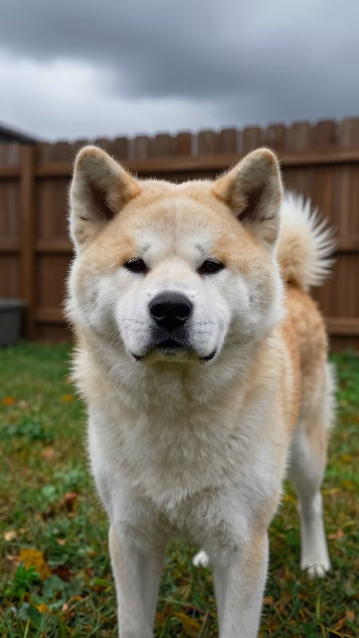 Japanese Akita Dog in Rain-Cleared Yard in in a small yard with clipped grass, calm light, and the animal centered in frame in San Jose