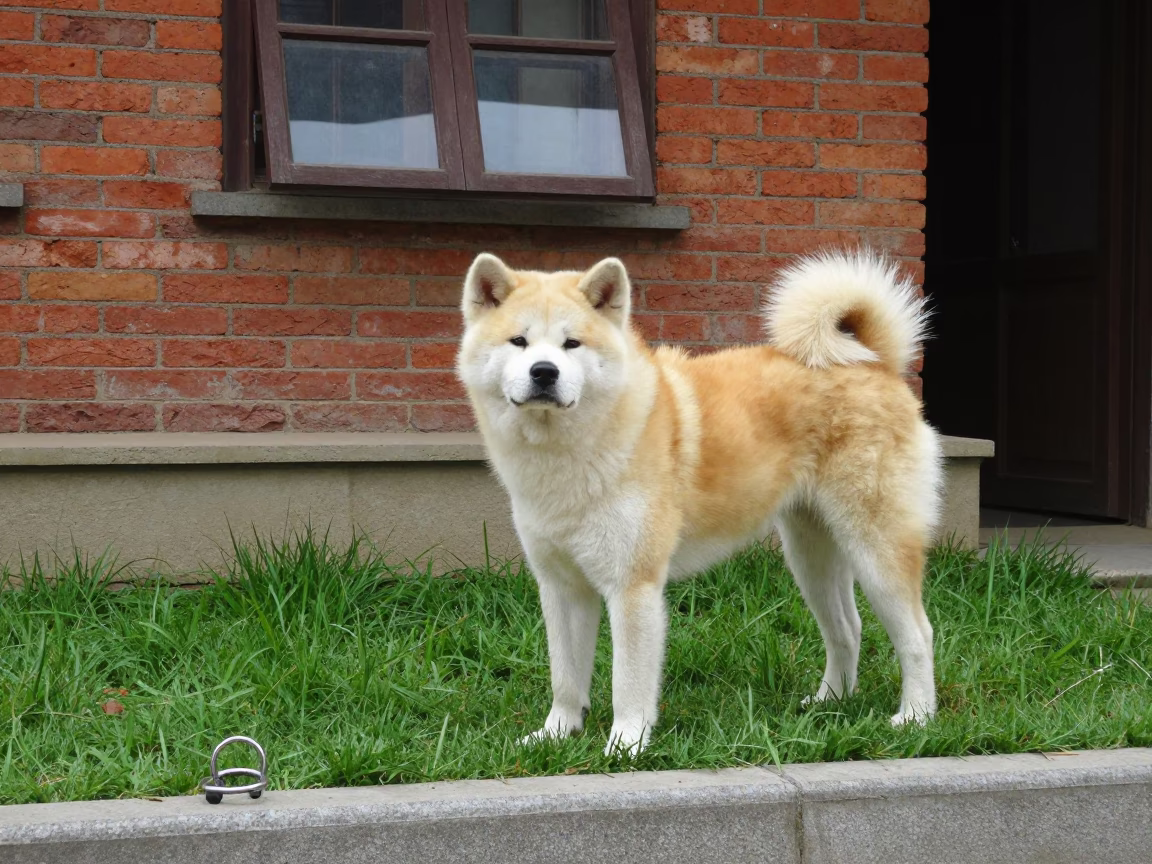 Japanese Akita Dog in Varanasi Yard in in a small yard with clipped grass, calm light, and the animal centered in frame near Varanasi
