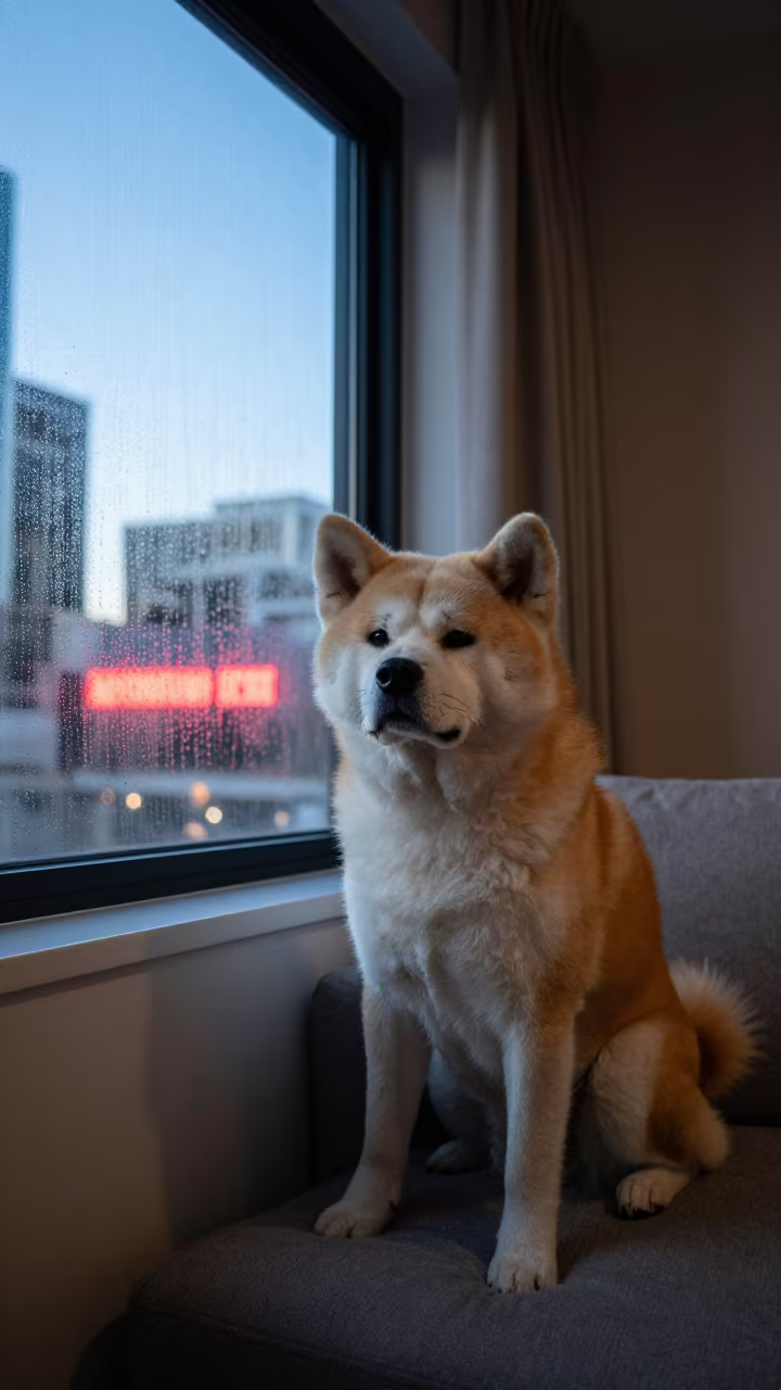 Japanese Akita Inu Portrait on Sofa Near Window in on a sofa near a curtained window with calm indoor light near Melbourne