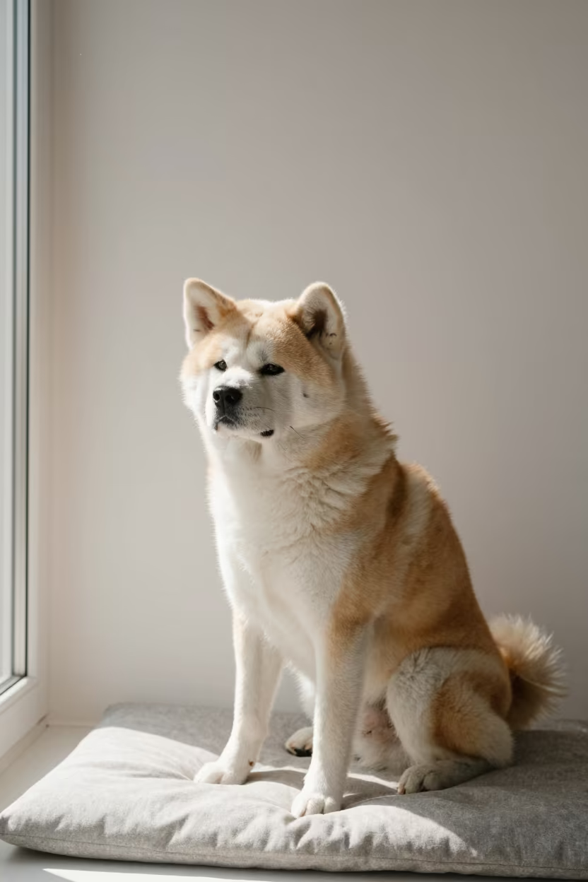 Japanese Akita Inu Portrait Window Seat Hamburg in on a cushioned window seat with soft side light and an uncluttered background in Hamburg