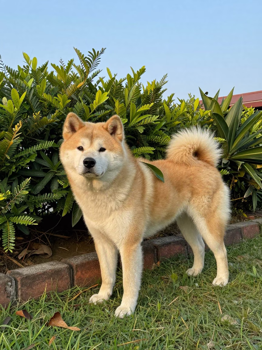 Japanese Akita Portrait Near Palembang Garden Edge in near a garden edge with soft morning light and an uncluttered background in Palembang