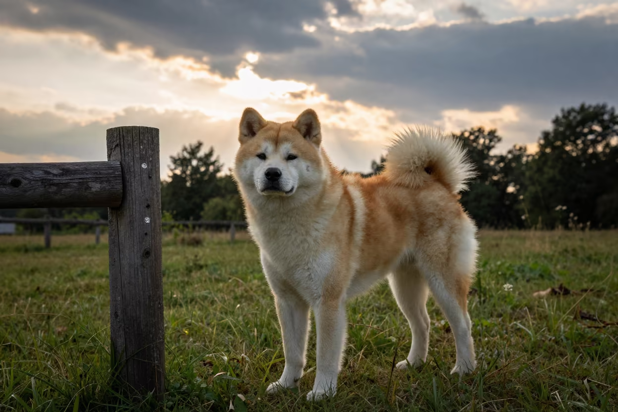 Japanese Akitainu in Midsummer Yard at Sunset in in a small yard with clipped grass, calm light, and the animal centered in frame near Cottbus