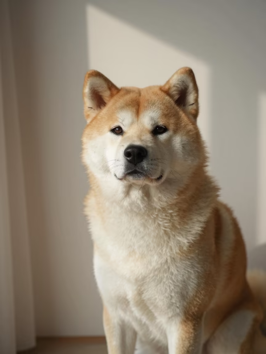 Japanese Akitainu Portrait Beside Plaster Wall in beside a plain plaster wall in soft indoor light with the animal centered in frame in Bayamo