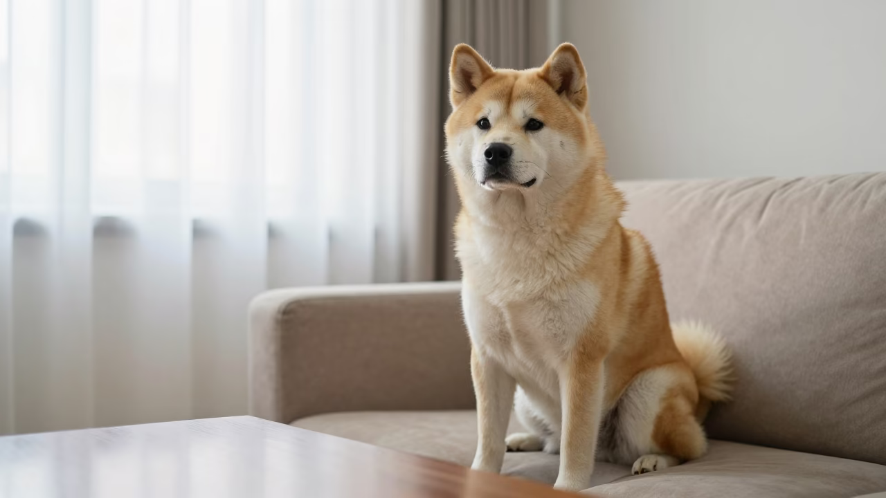 Japanese Akitainu Portrait on Sofa in Samsun in on a sofa near a curtained window with calm indoor light in Samsun