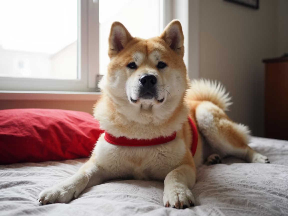 Japanese Akitainu Resting on Bedspread Near Window in on a bedspread near a bright window with calm indoor light in Akola