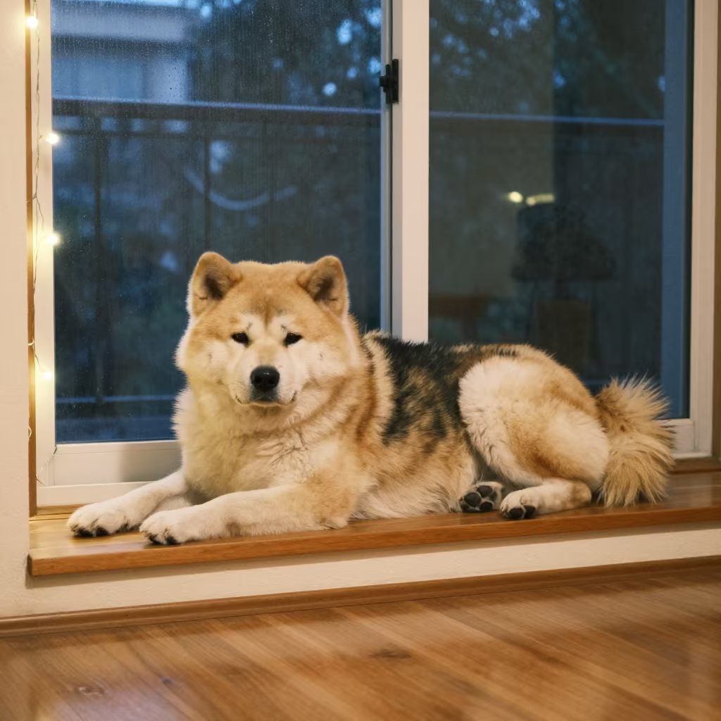 Japanese Akitainu Resting on Window Seat in on a window seat in a quiet apartment with soft side light in Garoua
