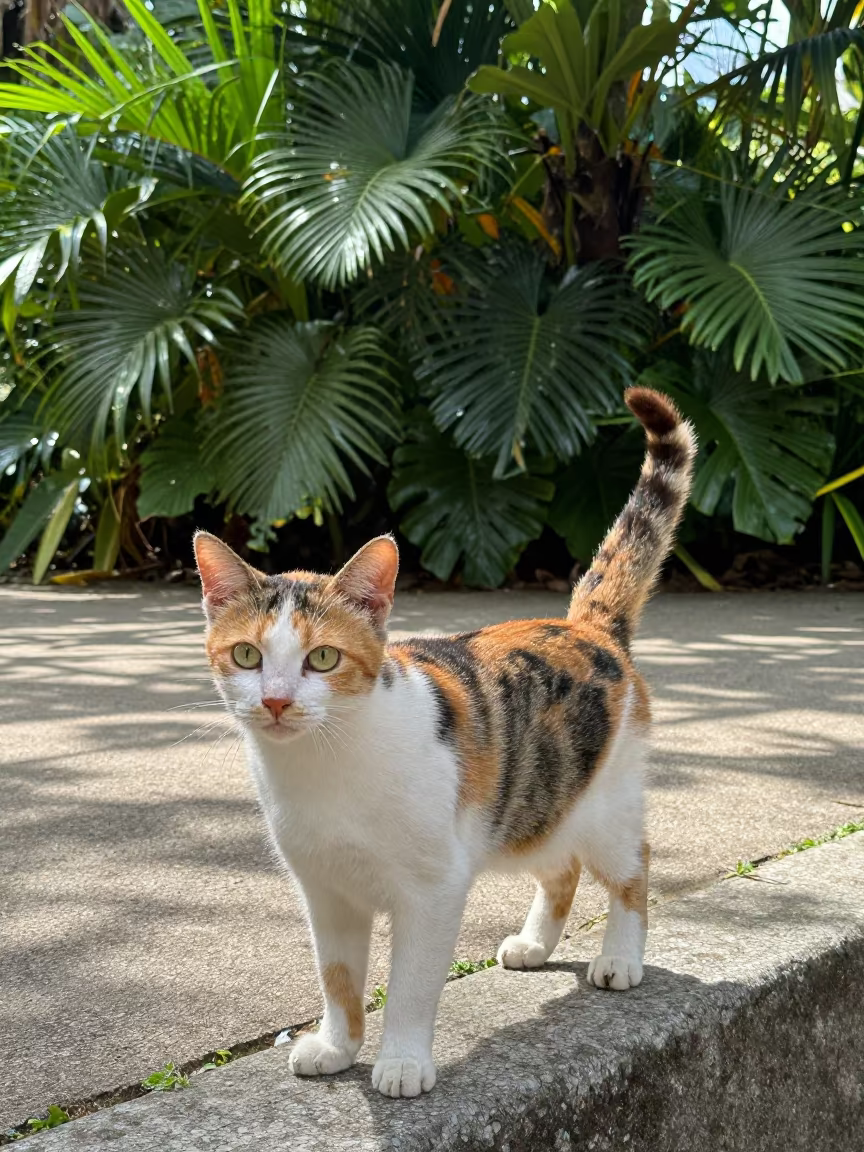 Japanese Bobtail Cat by Rio Park Path Edge in along a quiet park path with soft open shade and a clean background in Rio de Janeiro