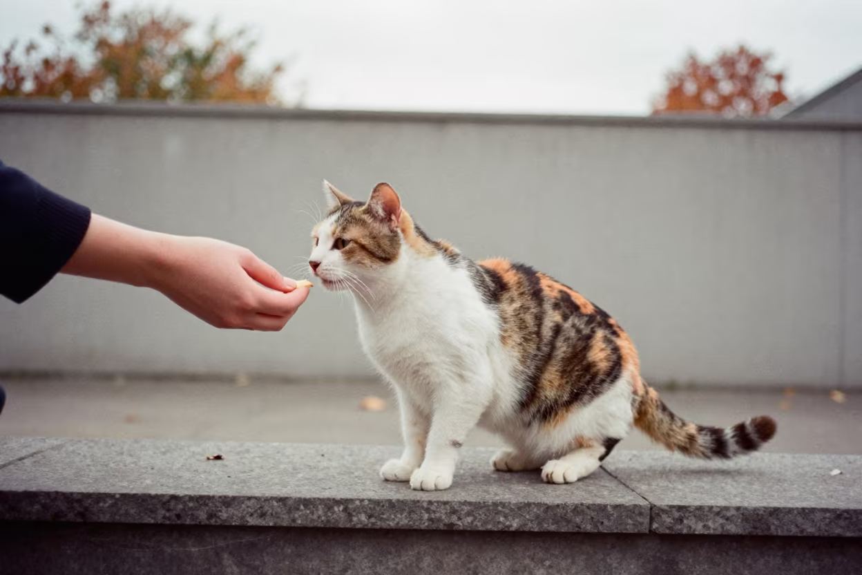 Japanese Bobtail Cat in Halifax Courtyard in beside a plain courtyard wall in clear daylight with the animal at eye level near Halifax