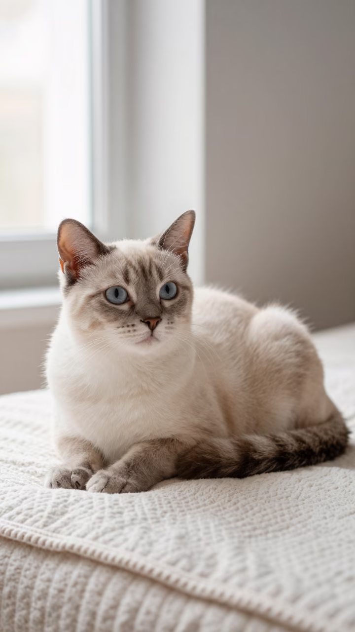 Japanese Bobtail Cat Lounging on Bedspread Near Window in on a bedspread near a bright window with calm indoor light near Byron Bay