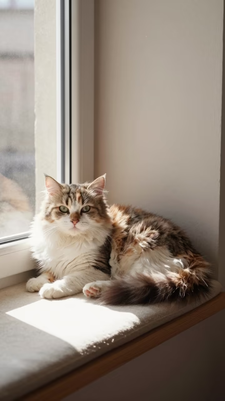 Japanese Bobtail Cat on Diyarbakır Window Seat in on a window seat in a quiet apartment with soft side light in Diyarbakır