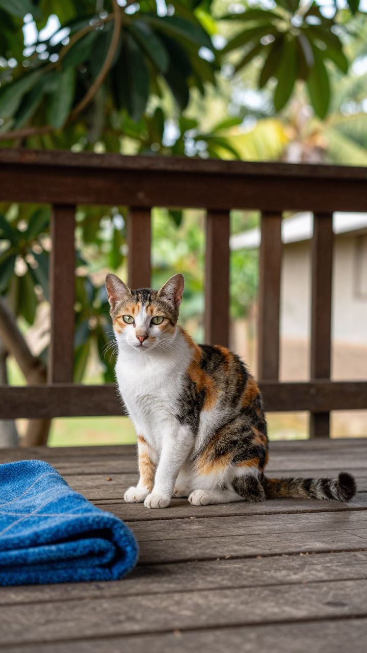 Japanese Bobtail Cat on Lome Porch in on a shaded front porch with boards, railings, and eye-level framing in Lome