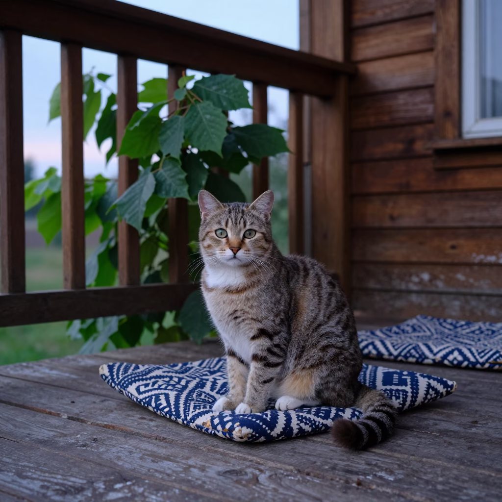 Japanese Bobtail Cat on Shaded Nizhny Porch in on a shaded front porch with boards, railings, and eye-level framing in Nizhny Novgorod
