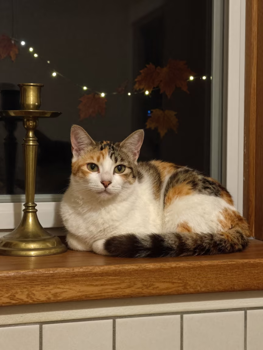 Japanese Bobtail Cat on Window Seat at Night in on a window seat in a quiet apartment with soft side light near Gion, Kyoto