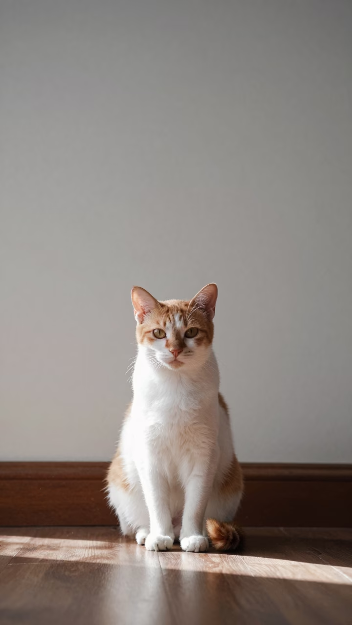 Japanese Bobtail Cat Portrait in Dar es Salaam Home in beside a plain plaster wall in soft indoor light with the animal centered in frame near Dar es Salaam