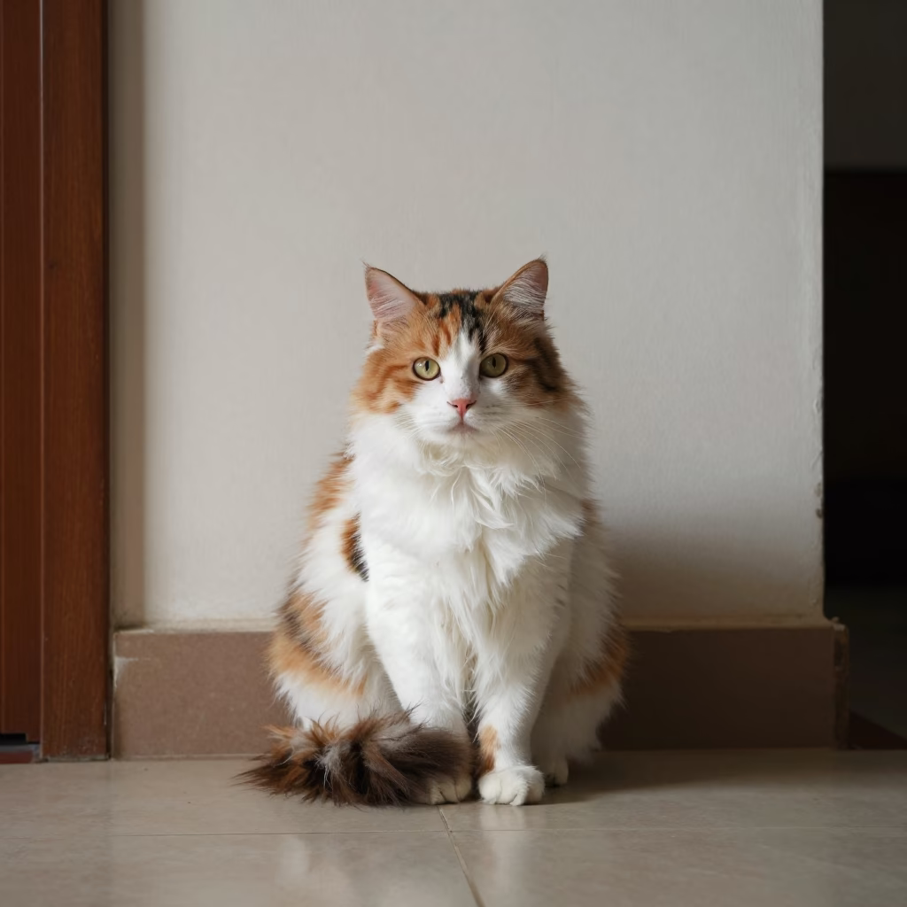Japanese Bobtail Cat Portrait in Kahama Room in beside a plain plaster wall in soft indoor light with the animal centered in frame in Kahama