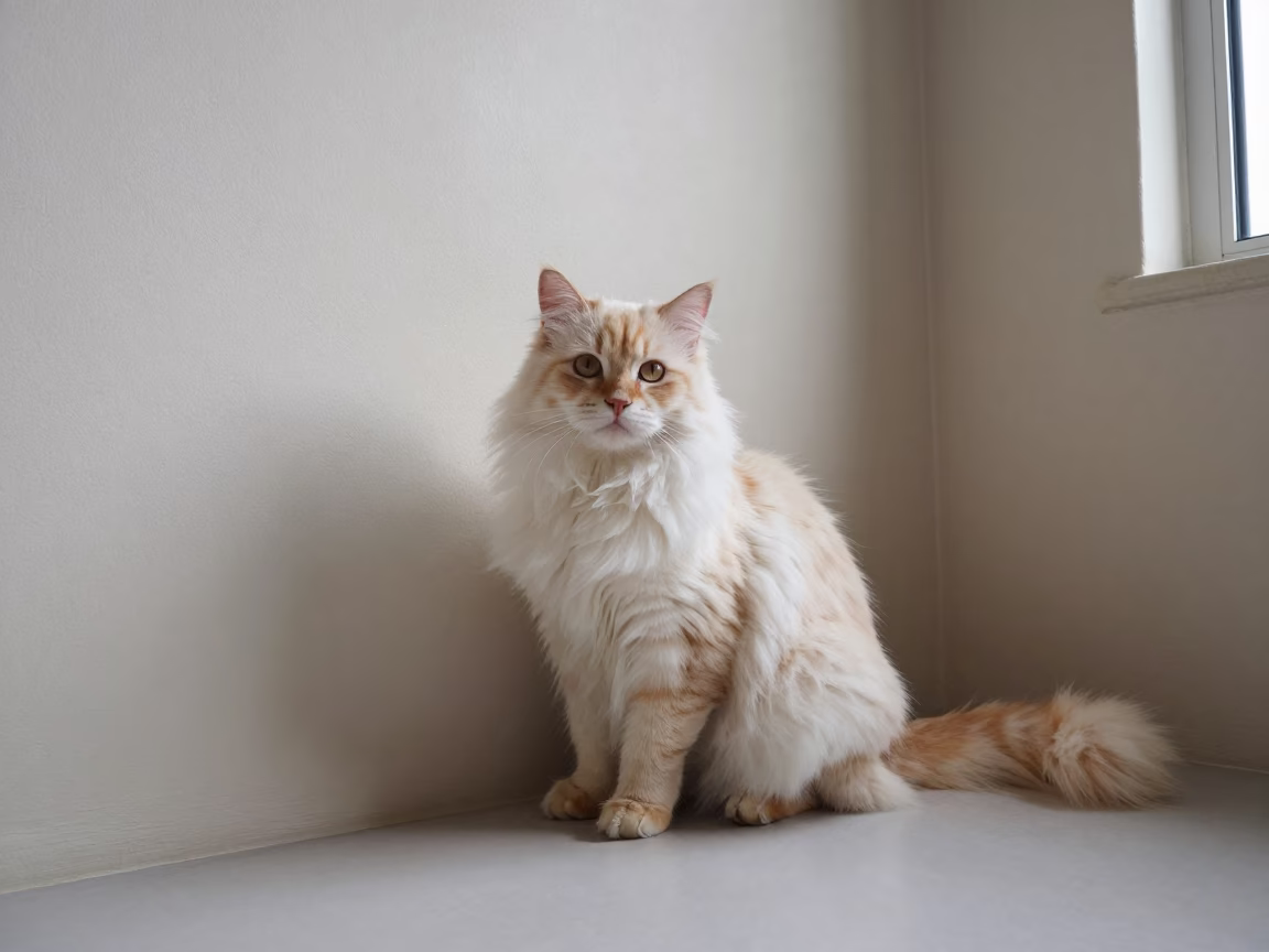 Japanese Bobtail Cat Portrait in Lome Corner in beside a plain plaster wall in soft indoor light with the animal centered in frame in Lome