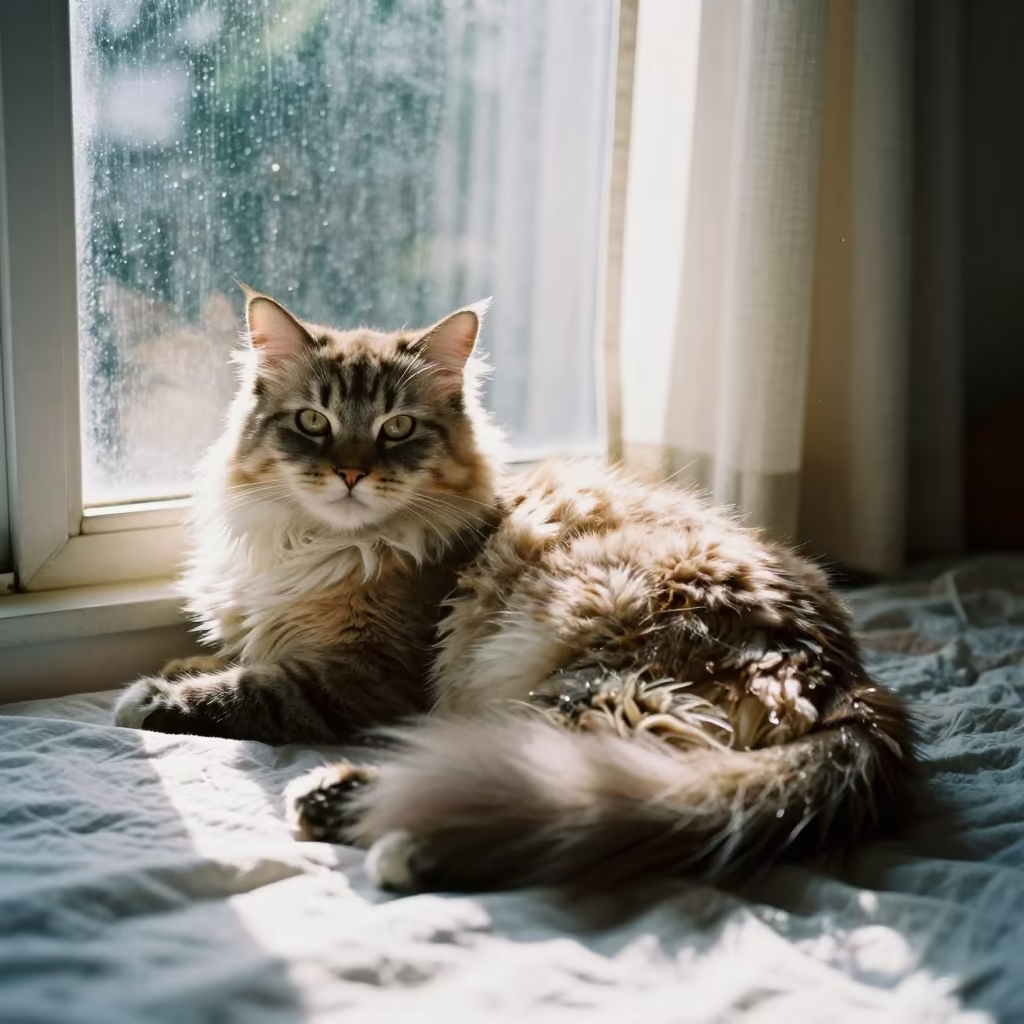 Japanese Bobtail Longhair Cat in Quezon City Window Light in on a bedspread near a bright window with calm indoor light in Quezon City