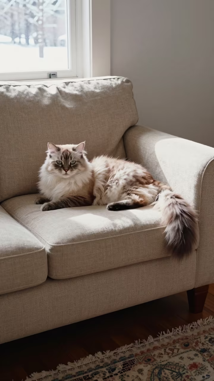 Japanese Bobtail Longhair Cat on Linen Sofa in Winter Light in on a linen sofa with daylight from a nearby window near Kaunas