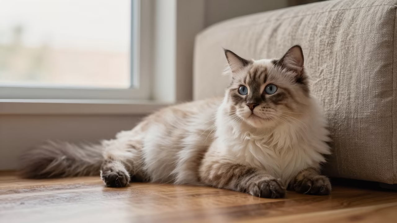 Japanese Bobtail Longhair Cat on Linen Sofa in on a linen sofa with daylight from a nearby window near Porto Alegre