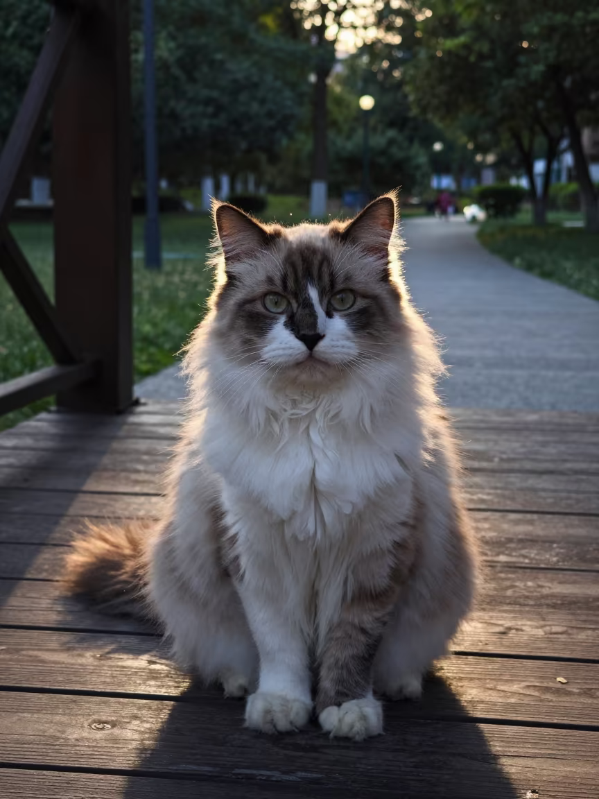 Japanese Bobtail Longhair Cat on Shaded Porch at Dawn in along a quiet park path with soft open shade and a clean background in Samsun