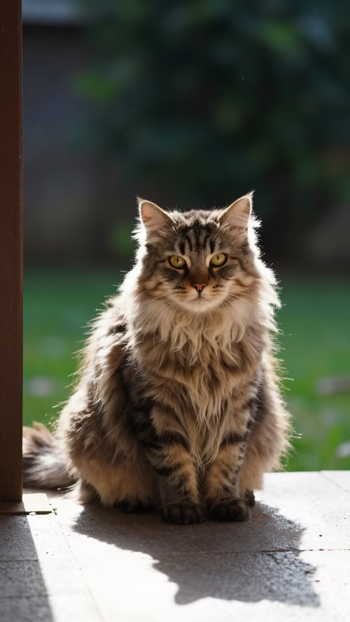 Japanese Bobtail Longhair Cat on Shaded Porch in near a garden edge with soft morning light and an uncluttered background near Conakry