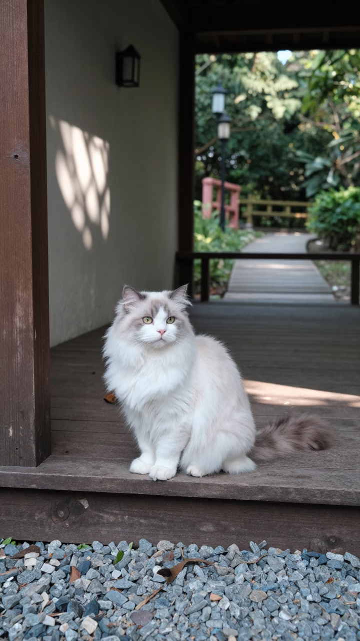 Japanese Bobtail Longhair Cat on Shaded Taichung Porch in along a quiet park path with soft open shade and a clean background in Taichung
