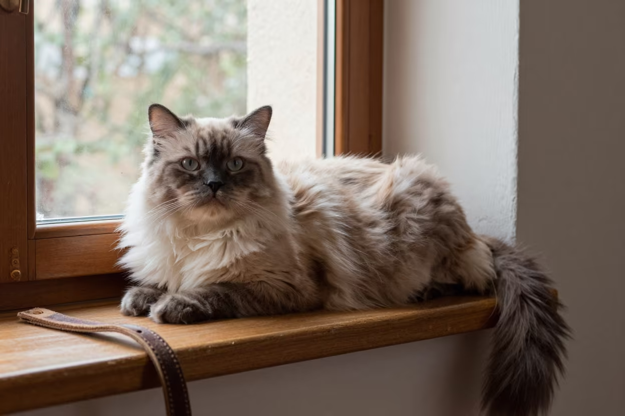 Japanese Bobtail Longhair Cat on Window Seat in on a window seat in a quiet apartment with soft side light in Ben Guerir