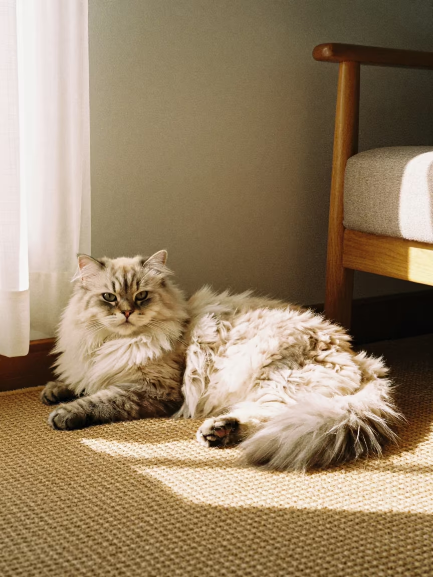 Japanese Bobtail Longhair Cat on Woven Rug in Autumn Light in on a woven rug beside a low couch and an uncluttered wall near Amasya
