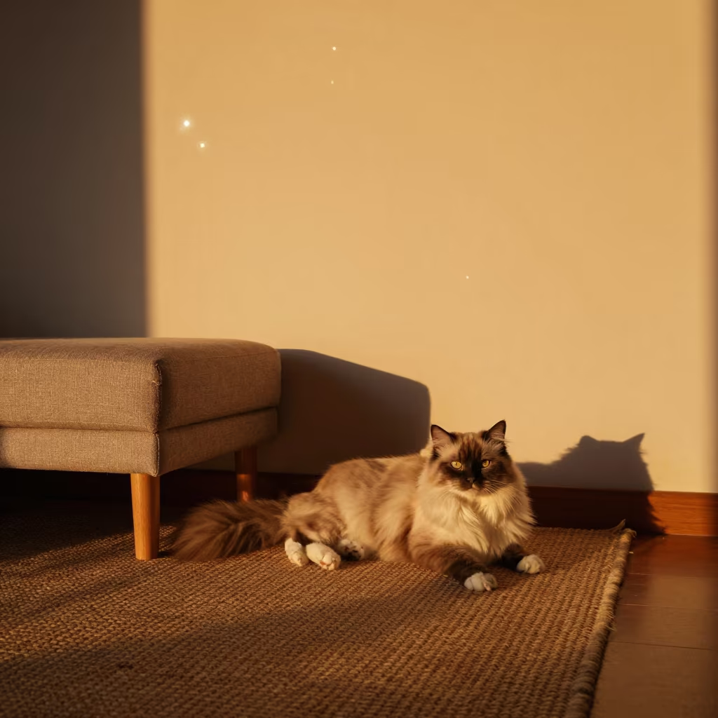 Japanese Bobtail Longhair Cat on Woven Rug in on a woven rug beside a low couch and an uncluttered wall near Karabük