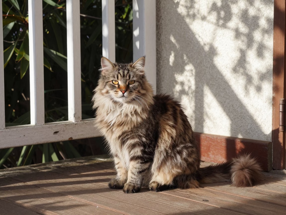 Japanese Bobtail Longhair Cat on Zapopan Porch in on a shaded front porch with boards, railings, and eye-level framing in Zapopan