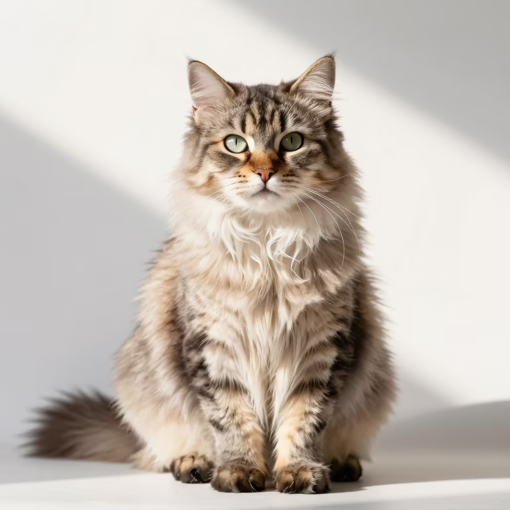Japanese Bobtail Longhair Cat Studio Portrait in in a quiet portrait studio with a plain backdrop and eye-level framing in Houston