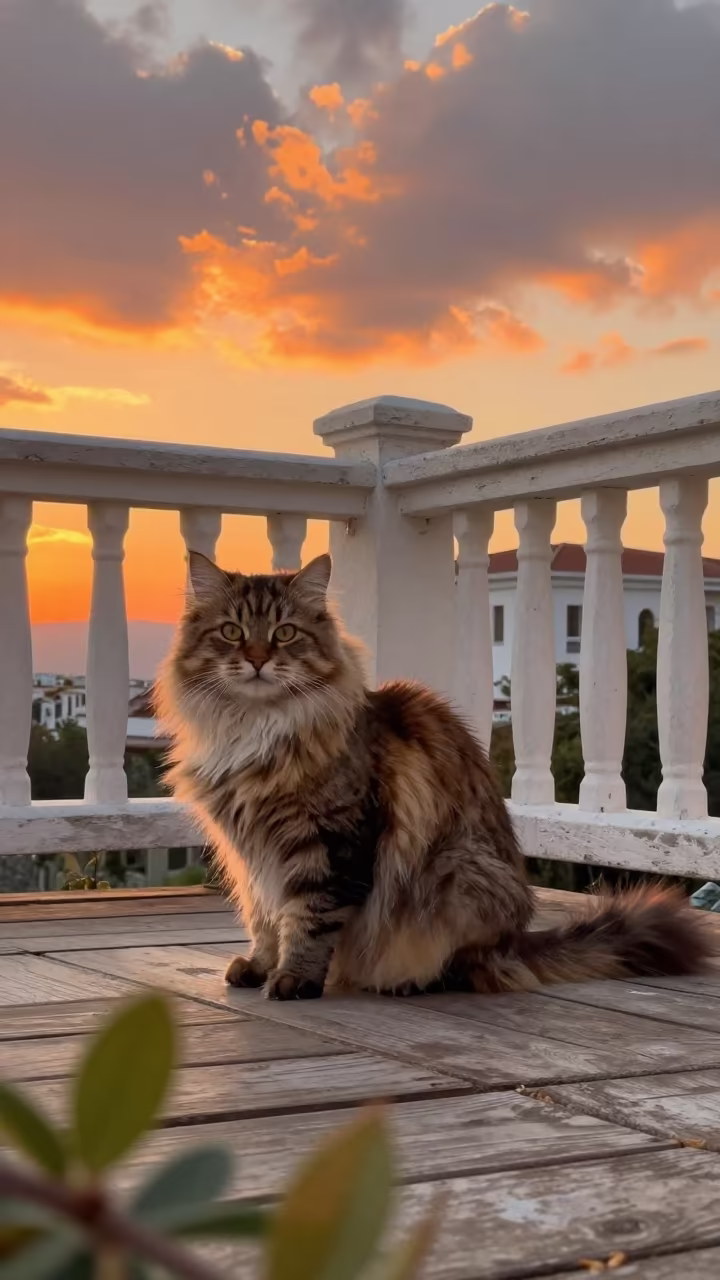 Japanese Bobtail Longhair on Athens Porch at Sunset in on a shaded front porch with boards, railings, and eye-level framing in Kolonaki, Athens